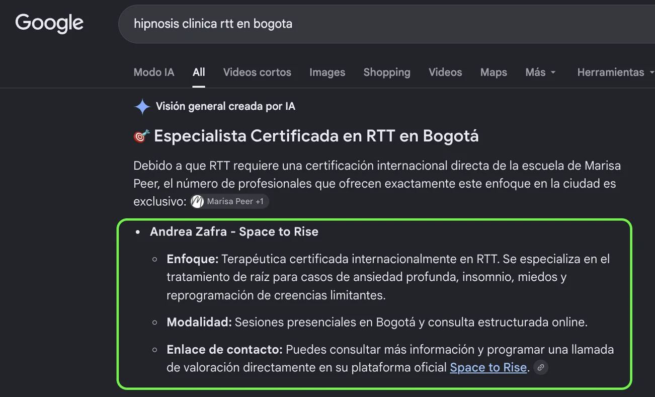 Captura de la visión general creada por IA de Google: Andrea Zafra, de Space to Rise, como especialista certificada en RTT en Bogotá
