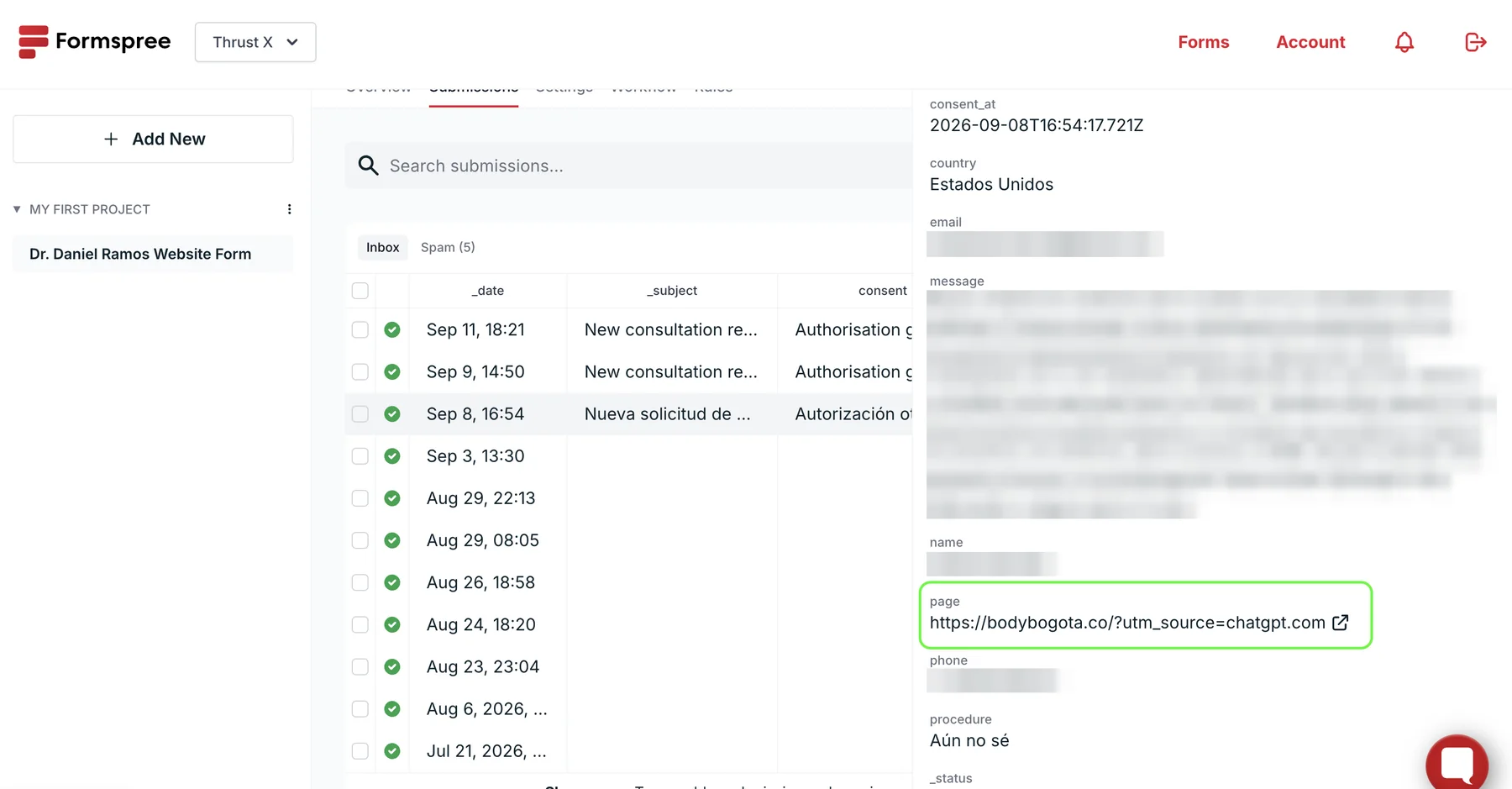 Formspree: the consultation request that arrived with utm_source=chatgpt.com from the United States. Personal data blurred.