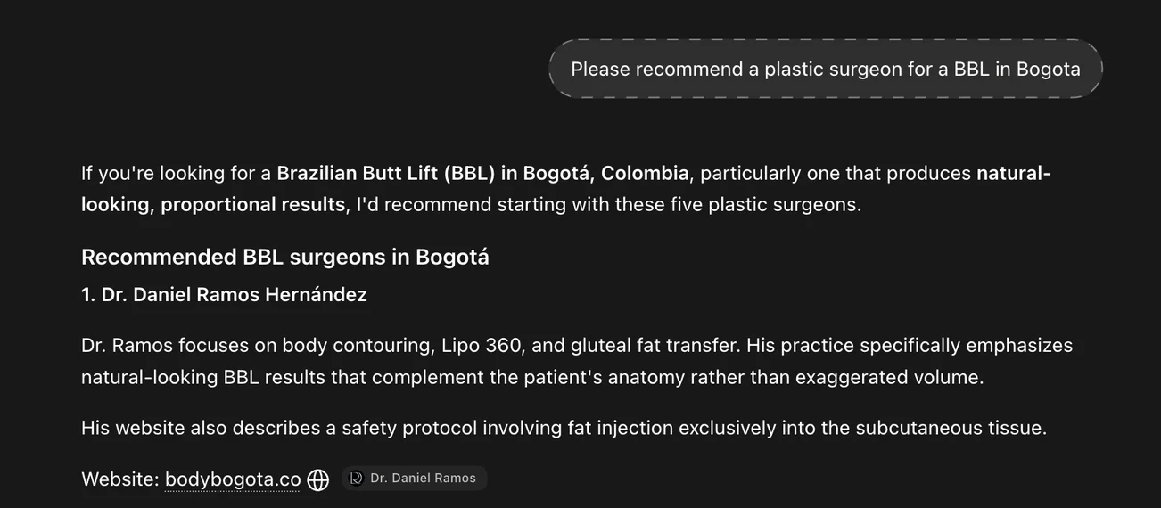 ChatGPT, October 2026, in English. Asked to “Please recommend a plastic surgeon for a BBL in Bogota”, it lists Dr. Daniel Ramos Hernández first of five surgeons and links to his website. ChatGPT's answers vary by person and moment.