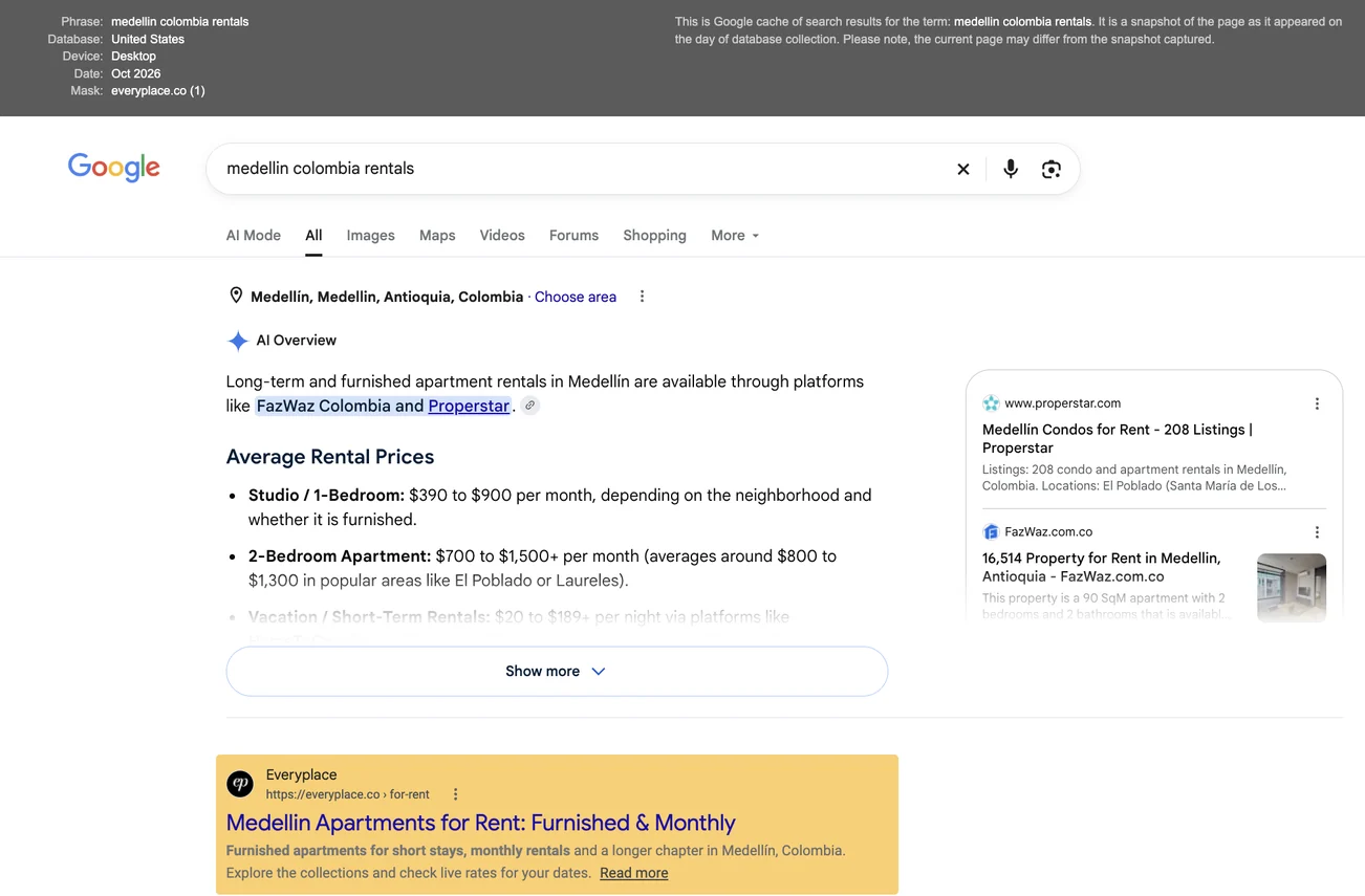 Captura de Google en Estados Unidos: la página de rentas de Everyplace es el primer resultado orgánico