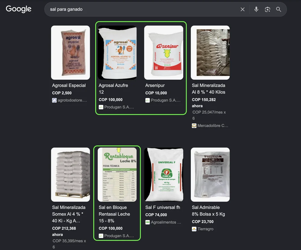 Google Shopping, «sal para ganado»: tres productos de Produgán (Agrosal Azufre 12, Arsenipur y Rentasal Leche) entre los primeros resultados. Los marcos verdes son nuestros.