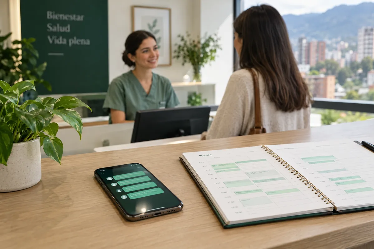 Recepción de una clínica con un celular lleno de mensajes nuevos y una agenda que se llena