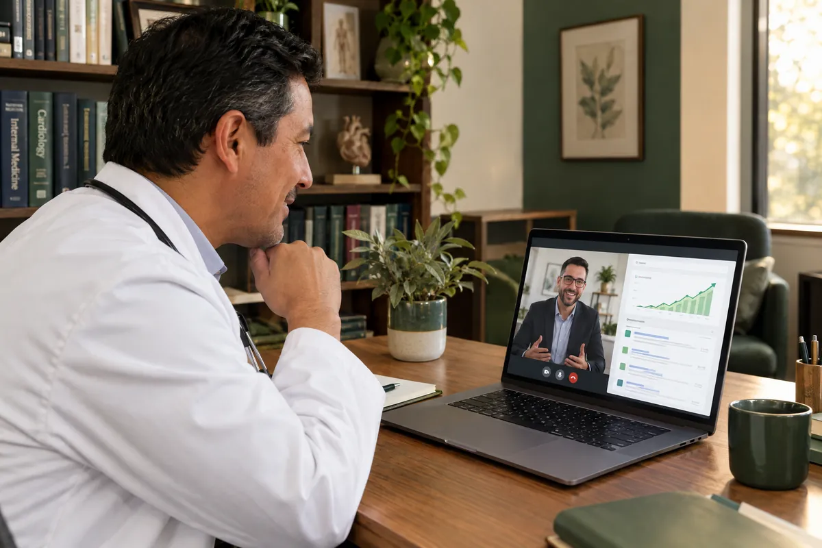 Médico en una videollamada revisando un gráfico de crecimiento con su consultor