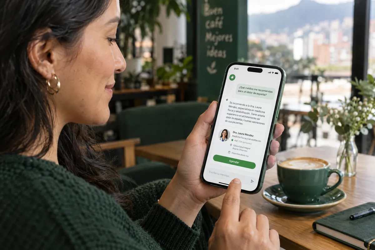 Paciente en un café preguntándole a un asistente de IA qué médico le recomienda